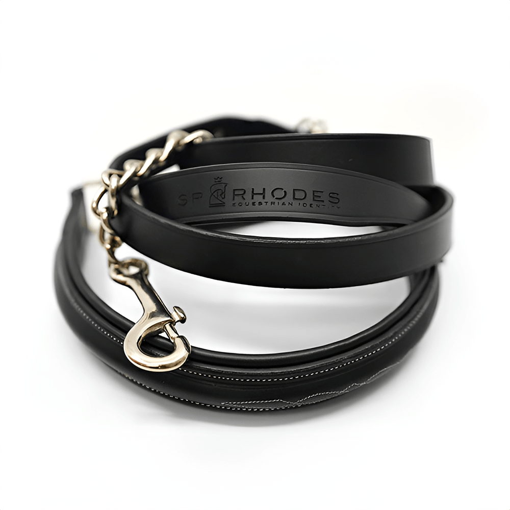 SP RHODES Padded Leather Lead with Fancy Stitching - Black/Chrome